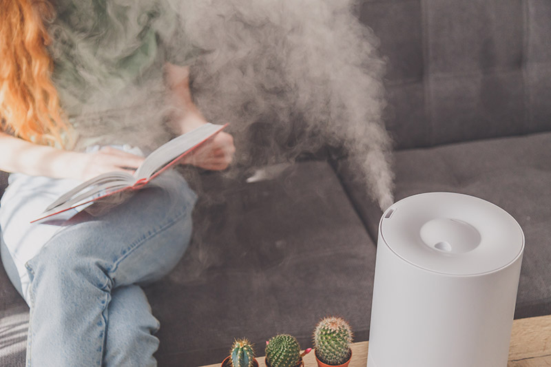 Household,Humidifier,At,Home,On,Table,Near,Woman,Reading,On